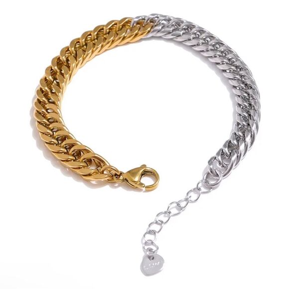 18K Gold Plated Two Toned Chain Bracelet 7”+1” extension - Picture 4 of 6
